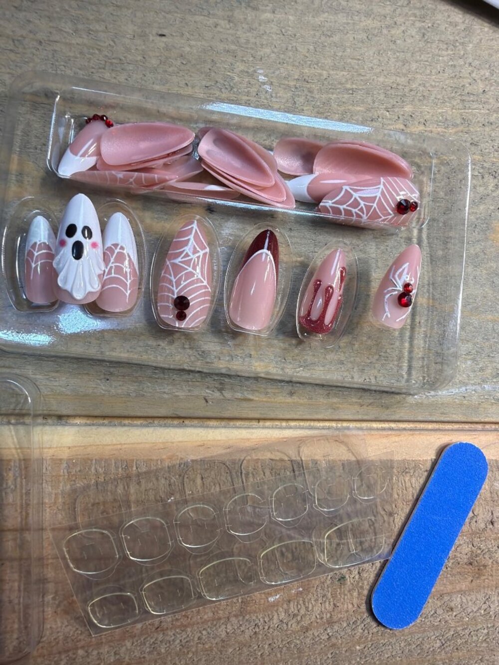 Halloween Spider Web & Ghost Press-On Nails 24 Pcs Nude & White With Red Rhinest - Picture 3 of 7